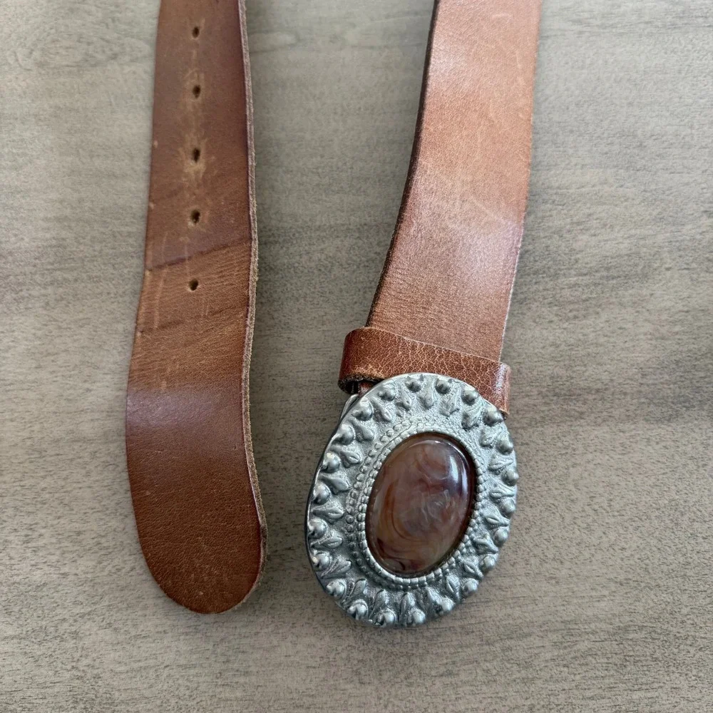 Vintage Brazilian Leather Belt Silvertone Oval Buckle Agate Stone Tan Western L